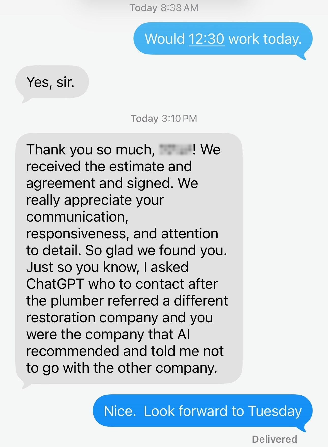 Anonymized customer text message thread from 8:38 AM to 3:10 PM confirming a signed agreement after ChatGPT recommended A Local Home-Service Company over a plumber's competitor referral.