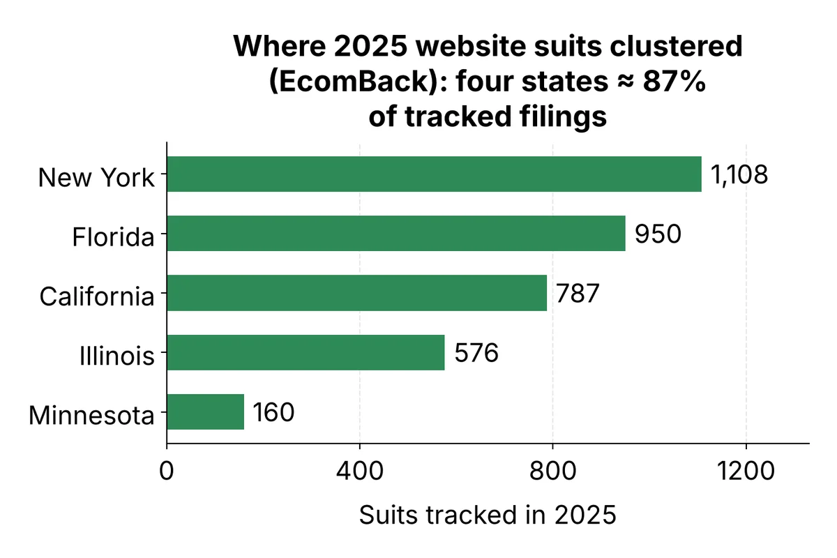Bar chart of website accessibility suits by state in 2025: New York 1,108, Florida 950, California 787, Illinois 576, Minnesota 160. Source: EcomBack. Same numbers in the table below.