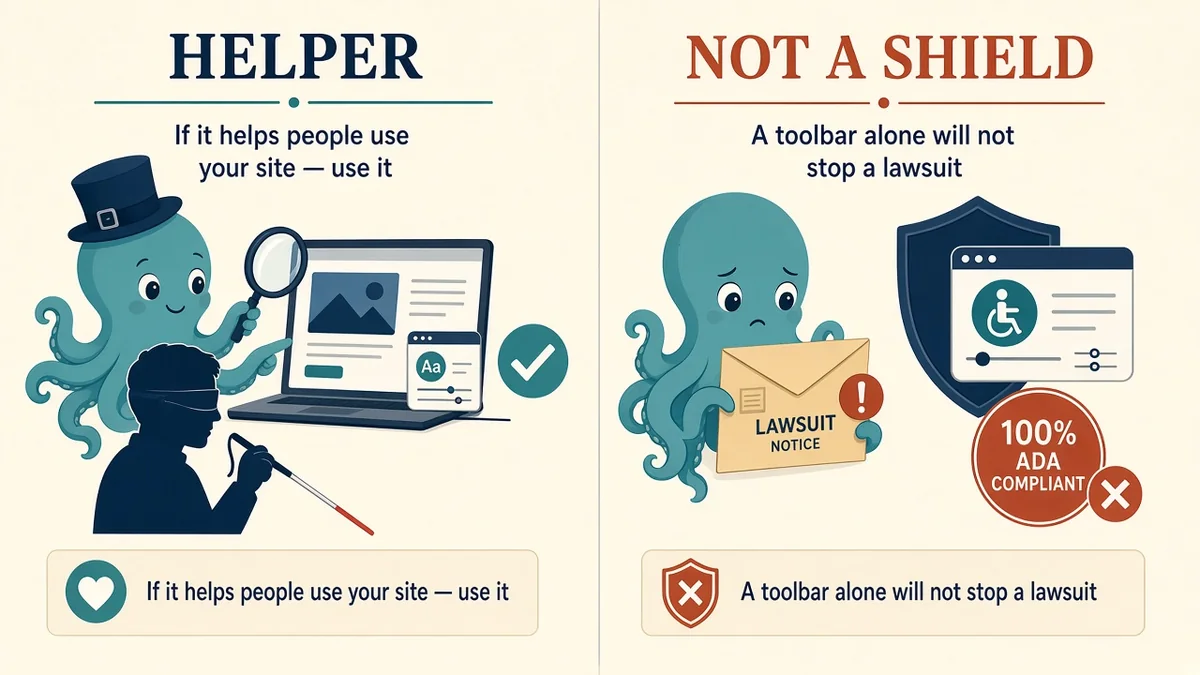 Two panels. Helper: if it helps people use your site, use it, shown as an octopus helping a blind man use a laptop. Not a shield: a toolbar alone will not stop a lawsuit, shown as an octopus holding a lawsuit notice beside a crossed-out 100 percent ADA compliant badge.