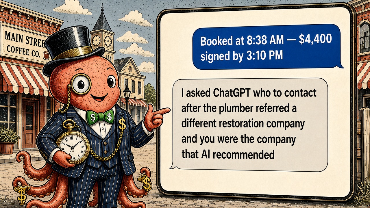Colored Wall Street Journal-style stipple illustration of the iQEverything octopus mascot in a pinstriped suit, top hat, monocle, money-green dollar-sign bow tie, and gold pocket watch pointing to a customer text thread: Booked at 8:38 AM, $4,400 signed by 3:10 PM after ChatGPT recommended the company over a plumber's competitor referral.