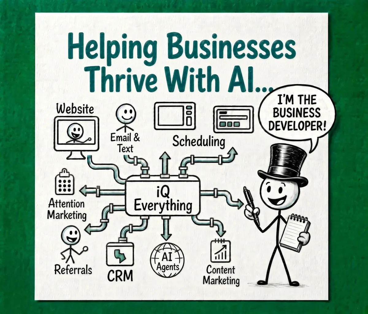 Hand-drawn card titled Helping Businesses Thrive With AI: website, email and text, scheduling, attention marketing, referrals, CRM, AI agents and content marketing all piped into one hub labeled iQ Everything, with a top-hatted stick figure saying I'm the business developer
